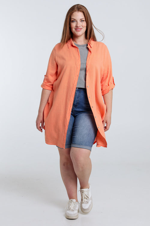 Effen lange linnen en viscose blouse-Paprika-7