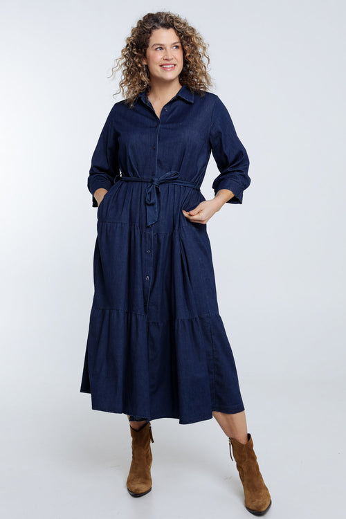 Lange jurk met volants van denim-Paprika-9