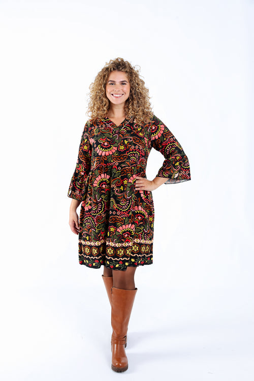 Korte jurk van bedrukt viscose met folkprint-Paprika-1