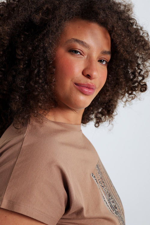 Effen katoenen T-shirt met folieprint en luipaardprint-Paprika-5