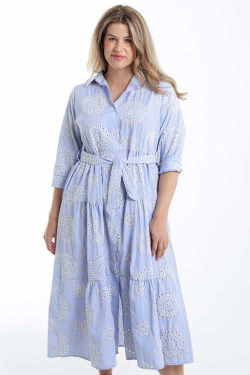 Gestreepte lange jurk met borduursels-Paprika-1