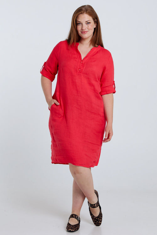 Effen linnen tuniek jurk-Paprika-7