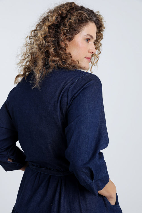 Lange jurk met volants van denim-Paprika-6