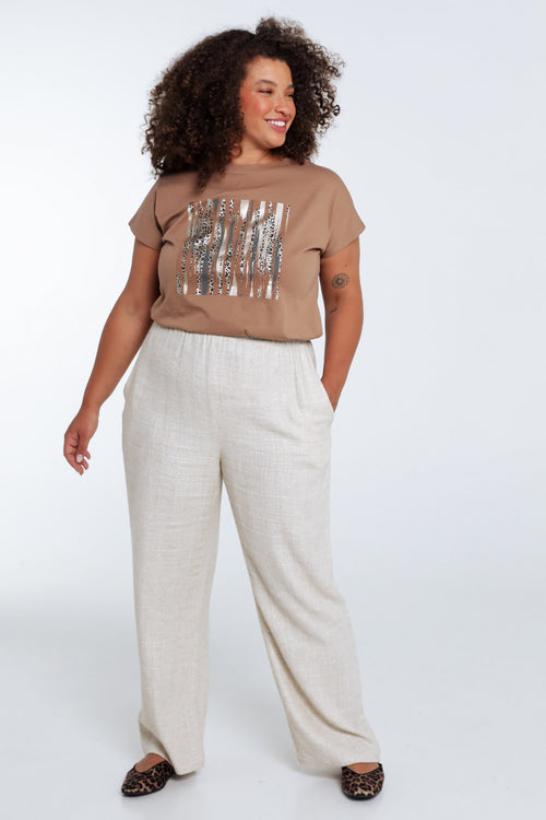 Effen katoenen T-shirt met folieprint en luipaardprint-Paprika-7