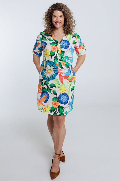 Linnen en viscose tuniek jurk met bloemenprint-Paprika-9