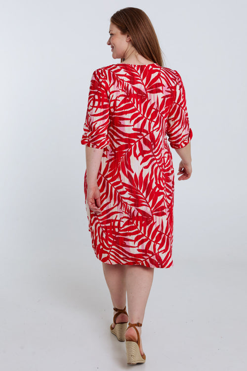 Jurk van viscose met bladenprint-Paprika-2