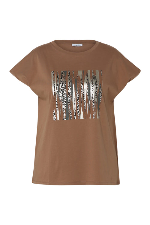 Effen katoenen T-shirt met folieprint en luipaardprint-Paprika-10