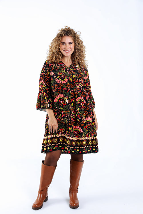 Korte jurk van bedrukt viscose met folkprint-Paprika-2