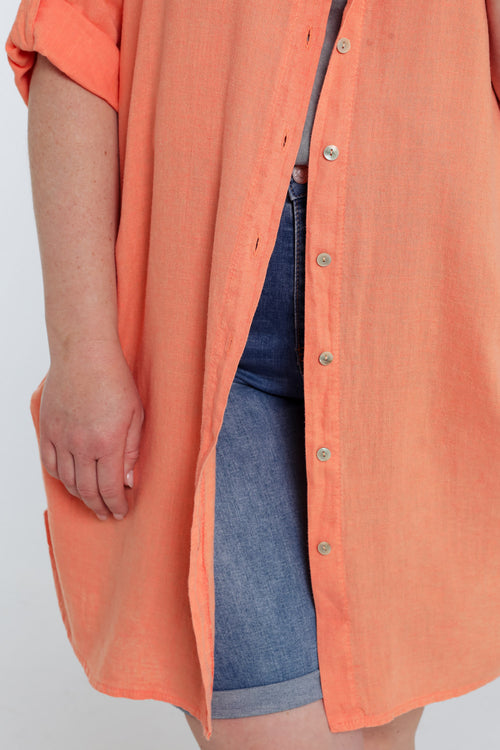 Effen lange linnen en viscose blouse-Paprika-6