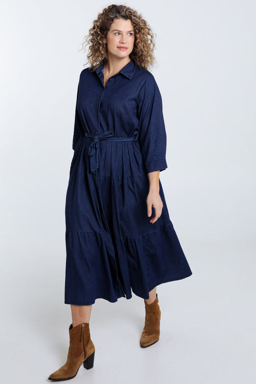 Lange jurk met volants van denim-Paprika-7