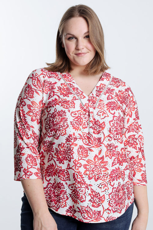Geborduurd T-shirt met bloemenprint-Paprika-1