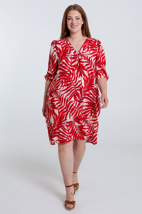 Jurk van viscose met bladenprint-Paprika-7