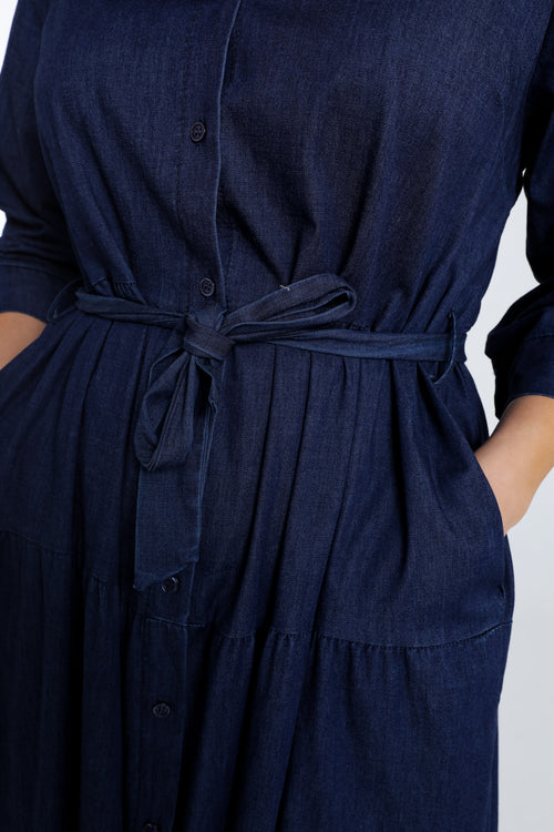 Lange jurk met volants van denim-Paprika-4