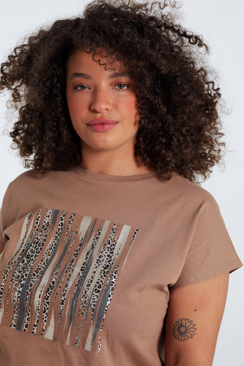 Effen katoenen T-shirt met folieprint en luipaardprint-Paprika-6