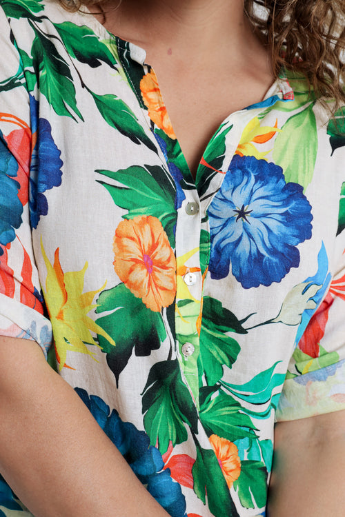 Linnen en viscose tuniek jurk met bloemenprint-Paprika-4