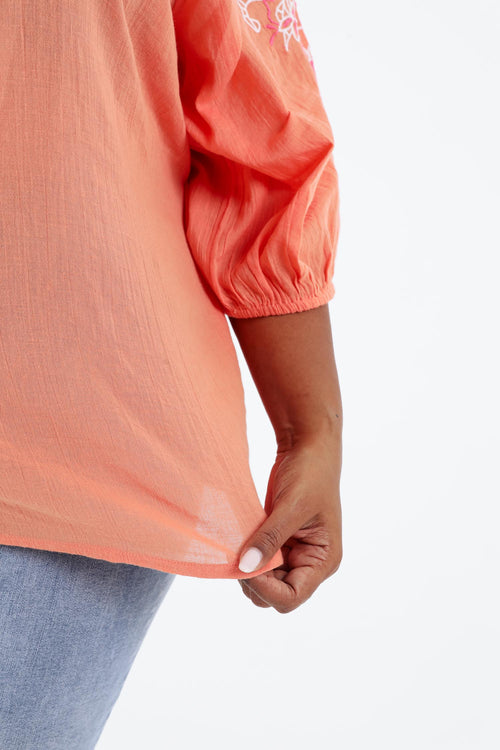 Blouse en conton unie avec broderies-Paprika-6