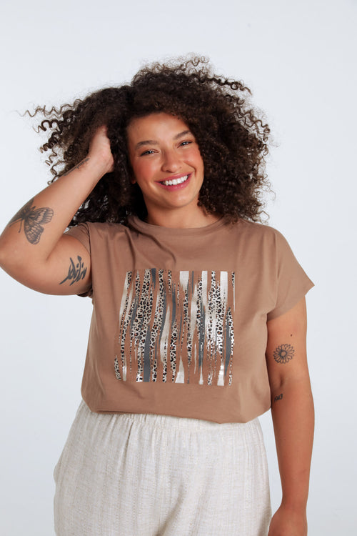 Effen katoenen T-shirt met folieprint en luipaardprint-Paprika-1