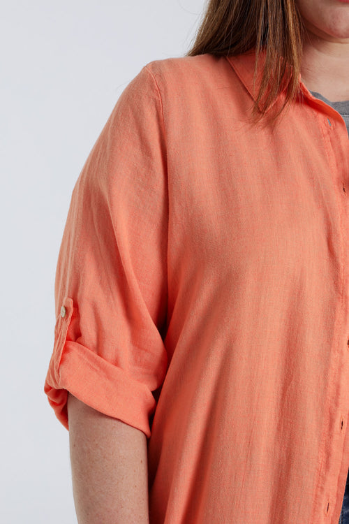 Effen lange linnen en viscose blouse-Paprika-4