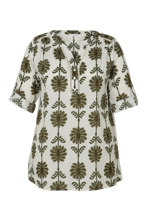 Blouse met opengewerkt detail en tweekleurige print-Paprika-10