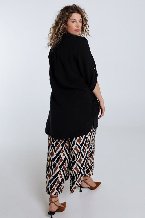 Effen lange linnen en viscose blouse-Paprika-2