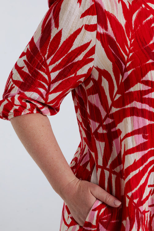 Jurk van viscose met bladenprint-Paprika-4