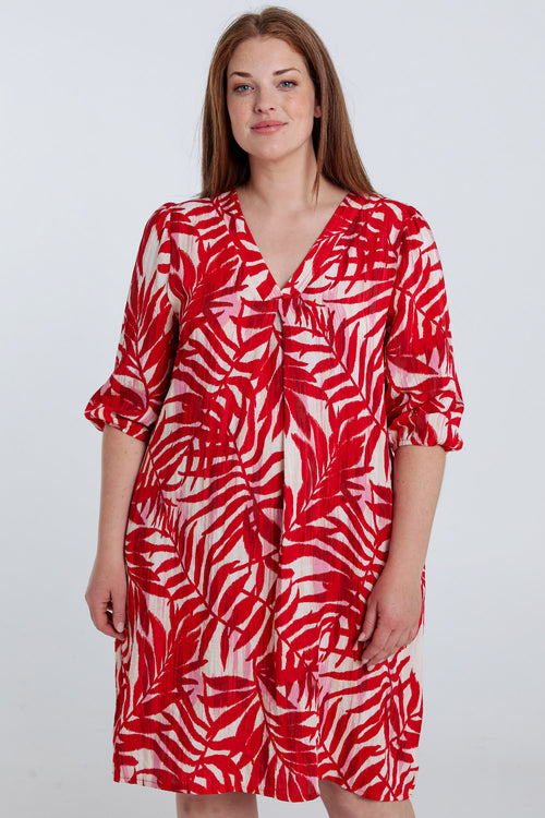 Jurk van viscose met bladenprint-Paprika-1