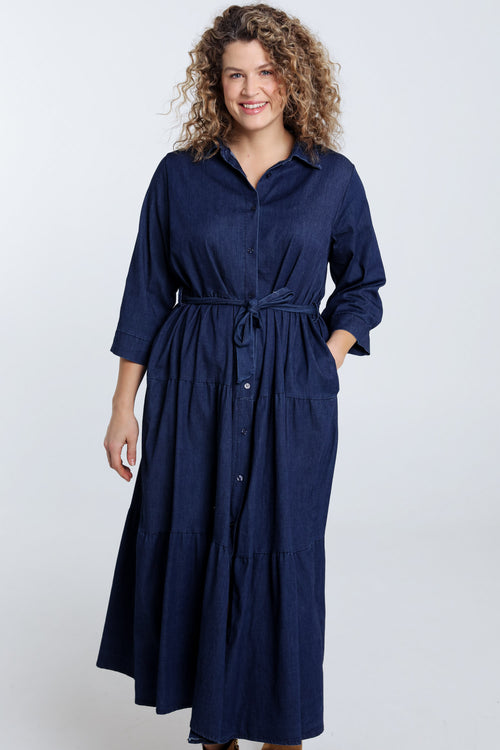 Lange jurk met volants van denim-Paprika-1