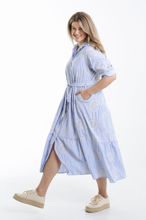 Gestreepte lange jurk met borduursels-Paprika-8