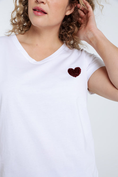 Effen katoenen T-shirt met hart van pailletten-Paprika-3