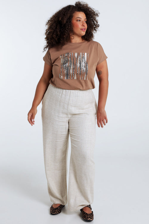 Effen katoenen T-shirt met folieprint en luipaardprint-Paprika-9