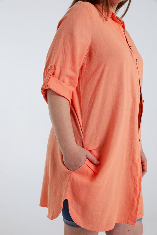 Effen lange linnen en viscose blouse-Paprika-5