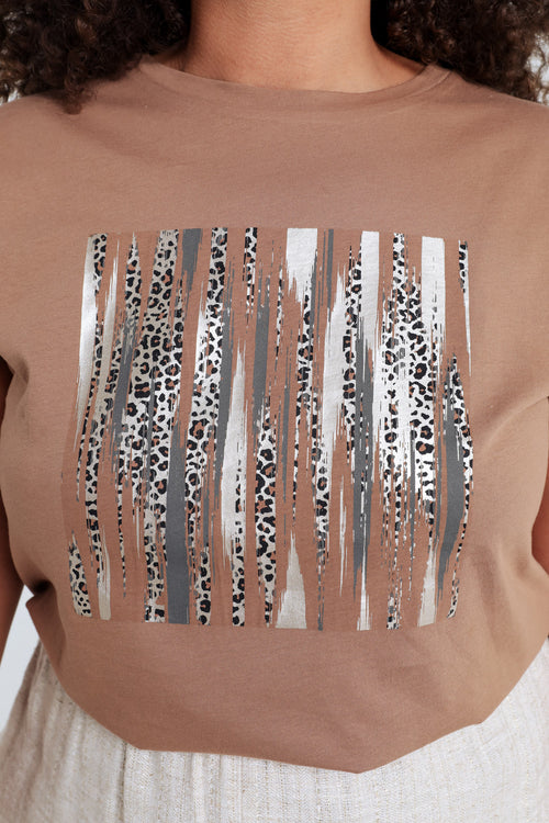 Effen katoenen T-shirt met folieprint en luipaardprint-Paprika-3