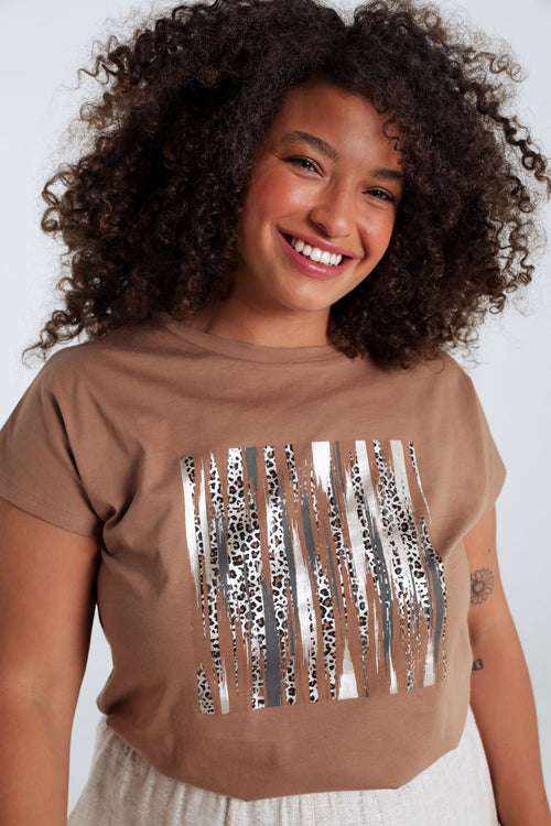 Effen katoenen T-shirt met folieprint en luipaardprint-Paprika-4