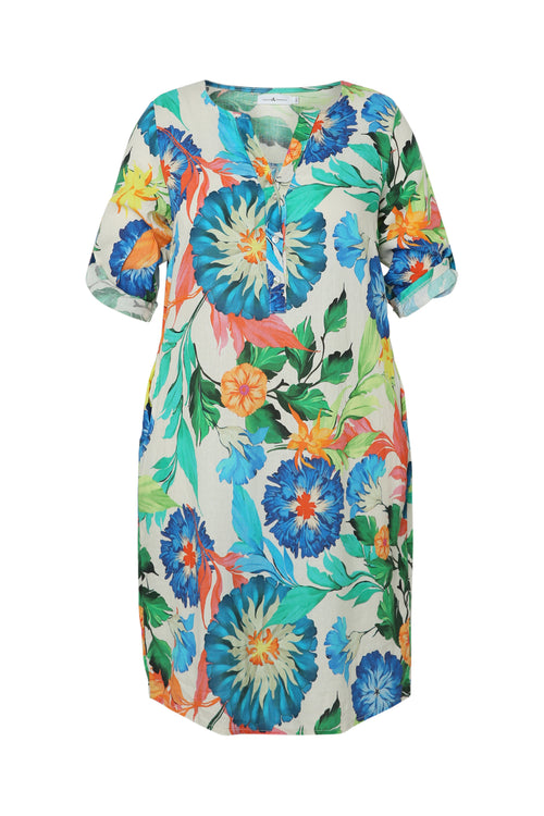 Linnen en viscose tuniek jurk met bloemenprint-Paprika-10