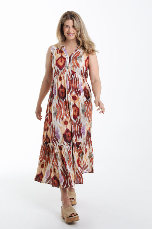 Lange jurk van viscose met etnische print-Paprika-8