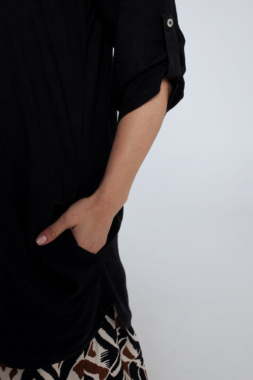 Effen lange linnen en viscose blouse-Paprika-5