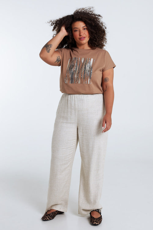 Effen katoenen T-shirt met folieprint en luipaardprint-Paprika-8