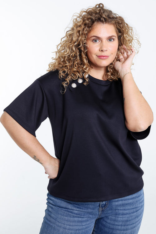 Effen T-shirt met decoratieve knopen-Paprika-1
