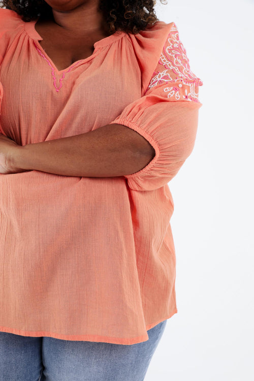 Blouse en conton unie avec broderies-Paprika-4