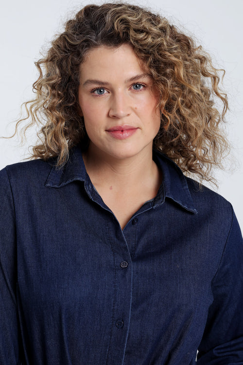 Lange jurk met volants van denim-Paprika-3