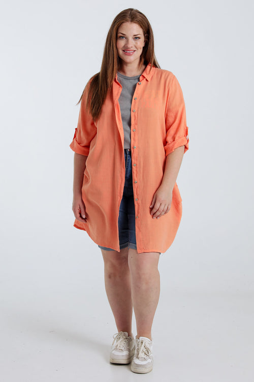 Effen lange linnen en viscose blouse-Paprika-9