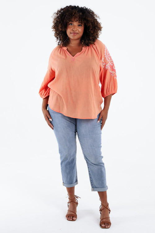 Blouse en conton unie avec broderies-Paprika-9