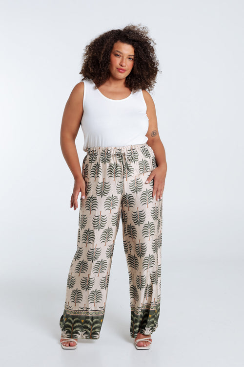 Satijnen effect broek met palmprint-Paprika-8