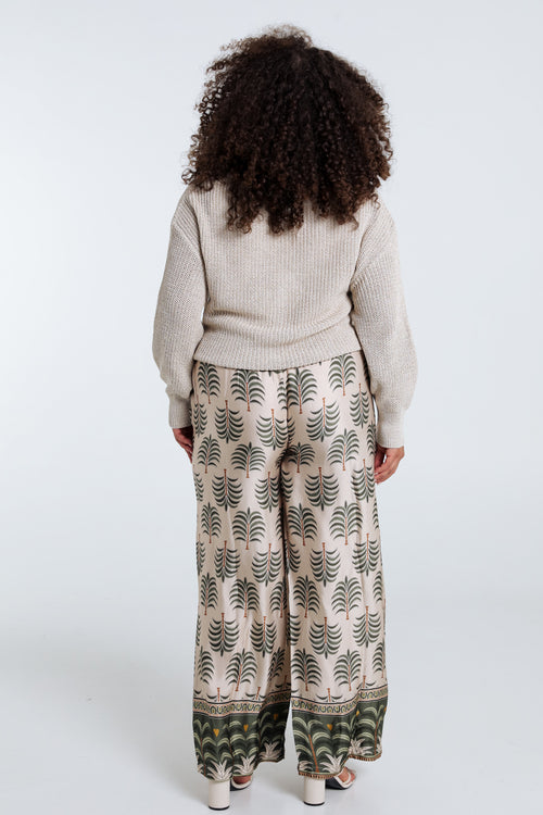 Satijnen effect broek met palmprint-Paprika-2