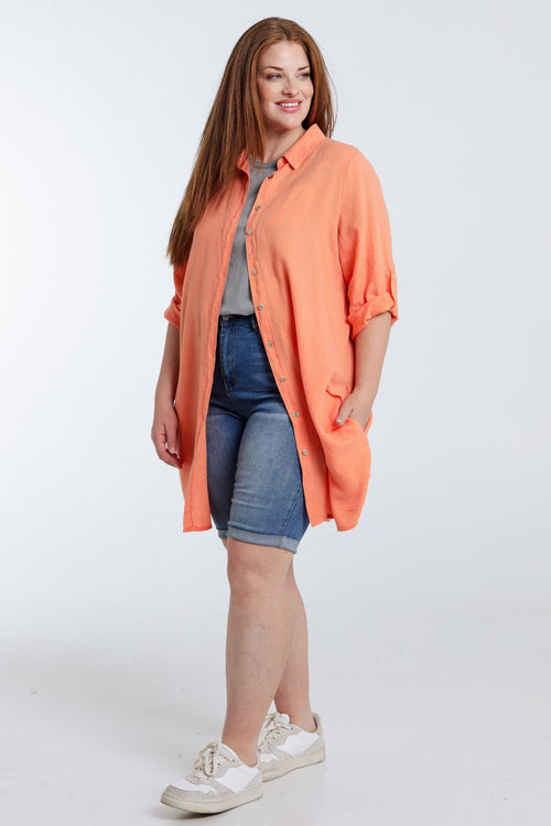 Effen lange linnen en viscose blouse-Paprika-8