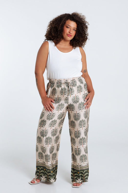 Satijnen effect broek met palmprint-Paprika-9