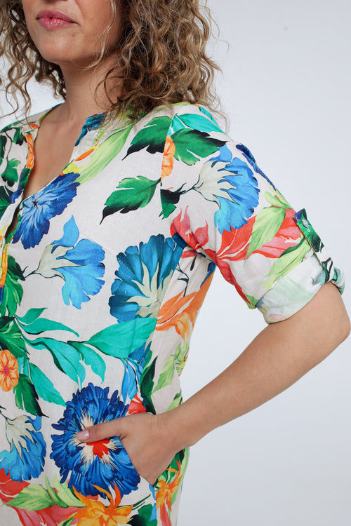 Linnen en viscose tuniek jurk met bloemenprint-Paprika-5