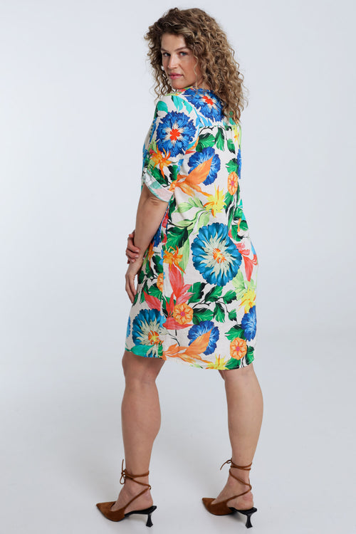 Linnen en viscose tuniek jurk met bloemenprint-Paprika-2