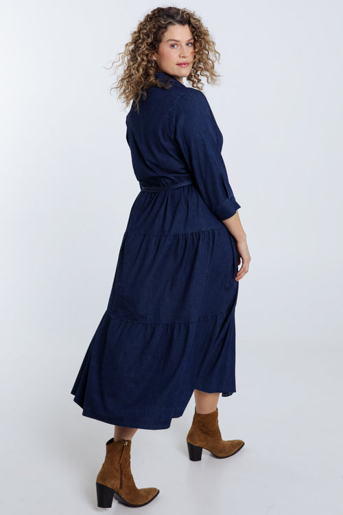 Lange jurk met volants van denim-Paprika-2