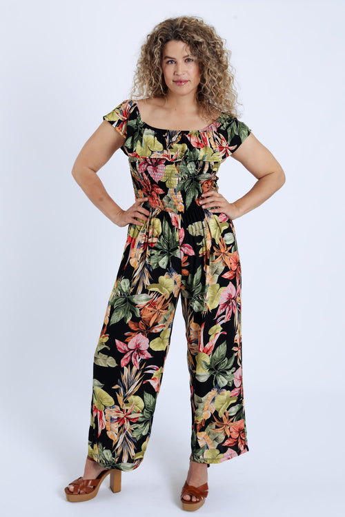 Overall van viscose met bloemenprint en ruffles-Paprika-1